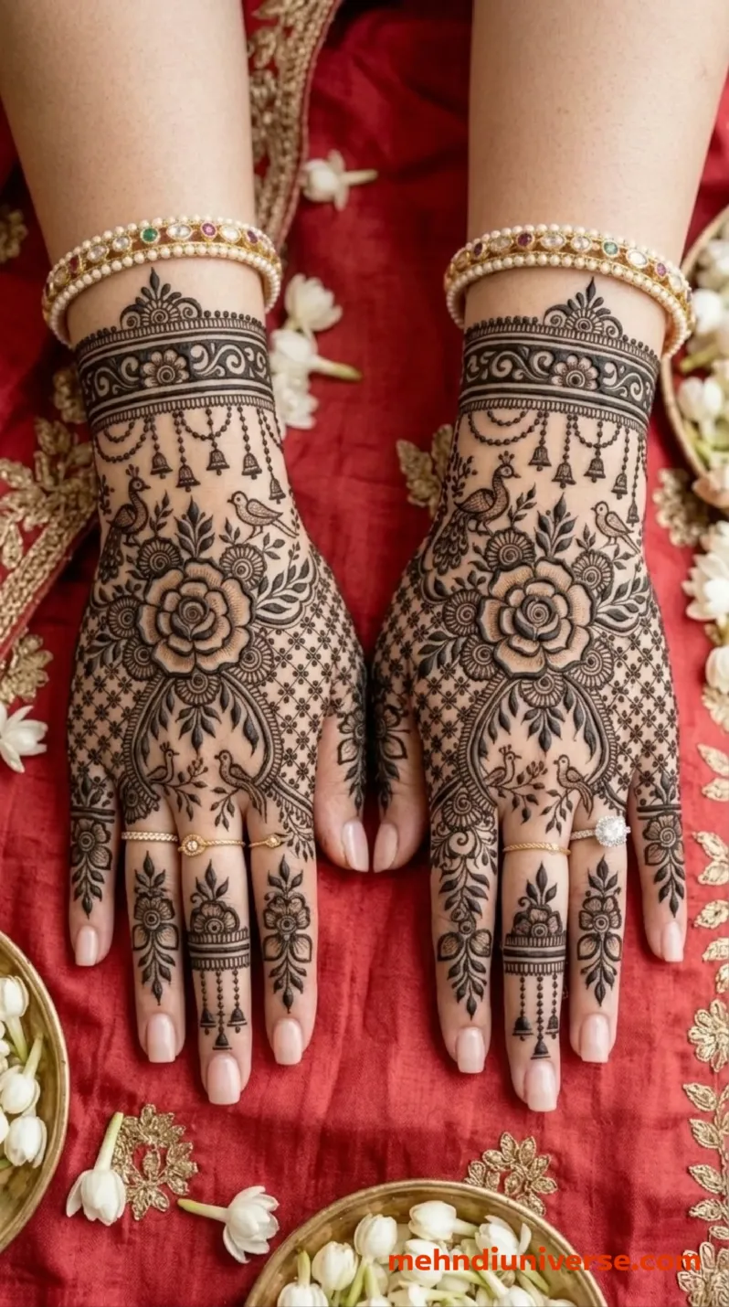 Bridal mehndi design with floral bird pattern on hands v1