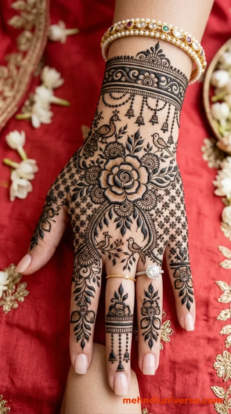 Bridal mehndi design with floral bird pattern on hands v2