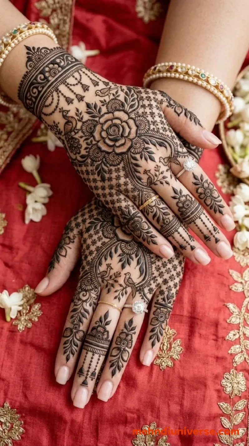 Bridal mehndi design with floral bird pattern on hands