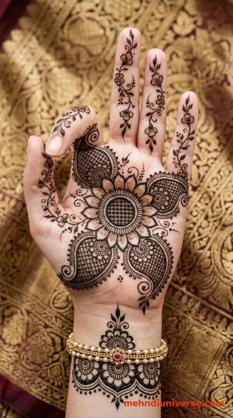 Intricate symmetrical bridal mehndi design on the front of both hands and forearms featuring a central floral mandala sunflower motif, surrounded by heavily patterned paisley designs and delicate floral vines on the fingers, complemented by a wide scalloped wrist cuff band, all resting against a textured gold brocade fabric background v1