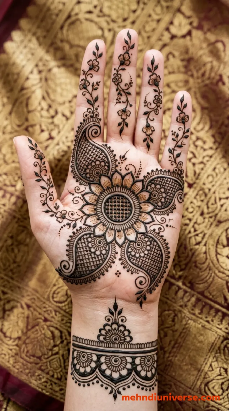 Intricate symmetrical bridal mehndi design on the front of both hands and forearms featuring a central floral mandala sunflower motif, surrounded by heavily patterned paisley designs and delicate floral vines on the fingers, complemented by a wide scalloped wrist cuff band, all resting against a textured gold brocade fabric background v2