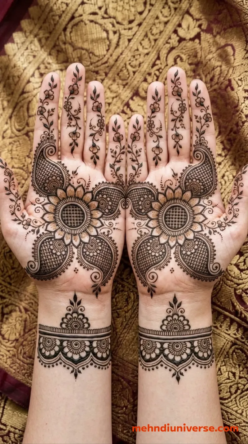 Intricate symmetrical bridal mehndi design on the front of both hands and forearms featuring a central floral mandala sunflower motif, surrounded by heavily patterned paisley designs and delicate floral vines on the fingers, complemented by a wide scalloped wrist cuff band, all resting against a textured gold brocade fabric background