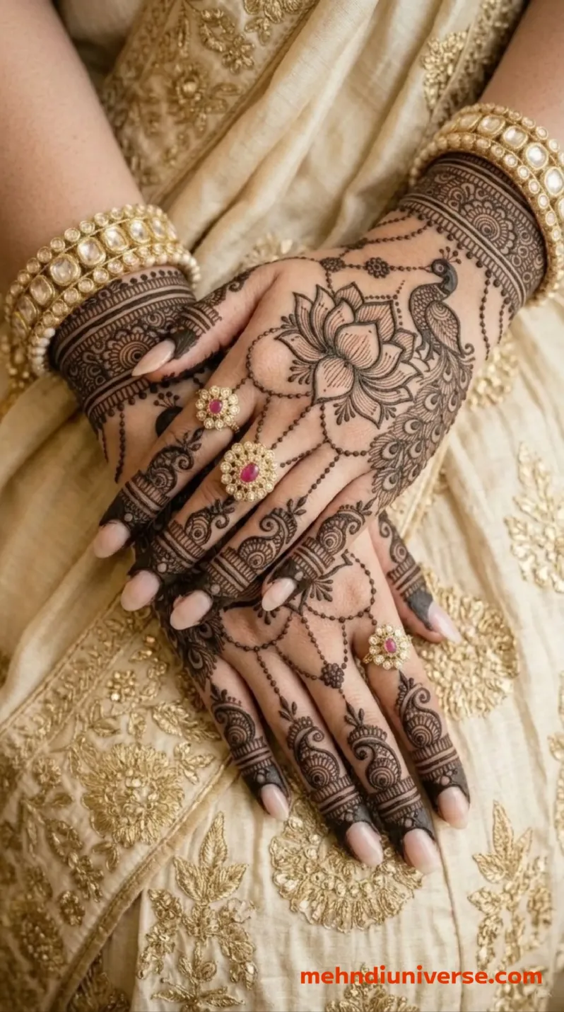Intricate bridal mehndi design on both hands featuring a central lotus flower and peacock motif, surrounded by delicate dotted net patterns and paisley finger trails, adorned with heavy gold Kundan bangles and red-stone rings resting on a cream and gold embroidered lehenga background