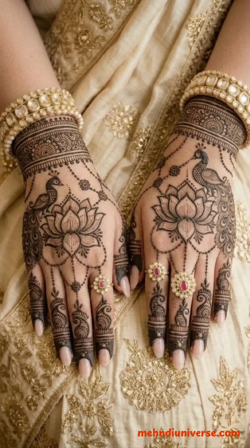 Intricate bridal mehndi design on both hands featuring a central lotus flower and peacock motif, surrounded by delicate dotted net patterns and paisley finger trails, adorned with heavy gold Kundan bangles and red-stone rings resting on a cream and gold embroidered lehenga background v1