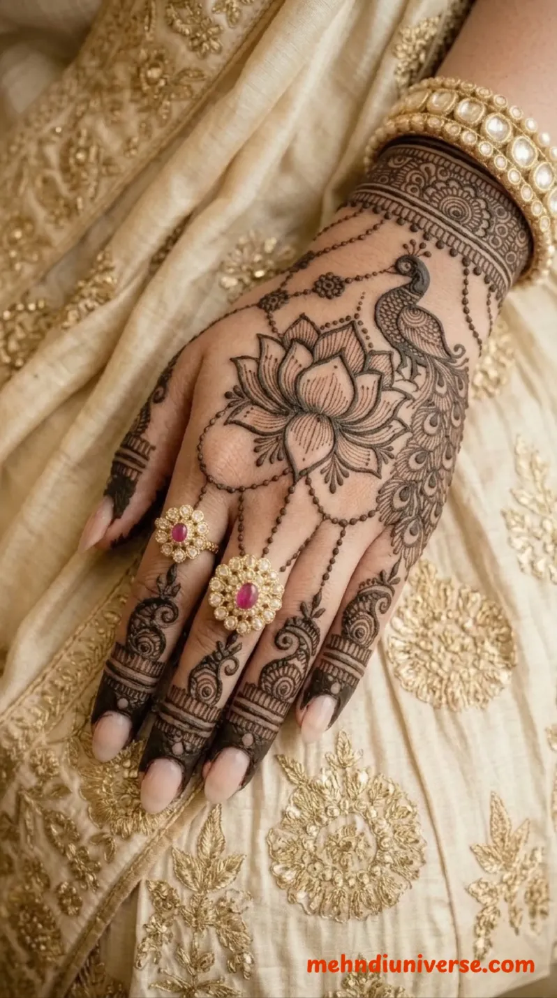 Intricate bridal mehndi design on both hands featuring a central lotus flower and peacock motif, surrounded by delicate dotted net patterns and paisley finger trails, adorned with heavy gold Kundan bangles and red-stone rings resting on a cream and gold embroidered lehenga background v2