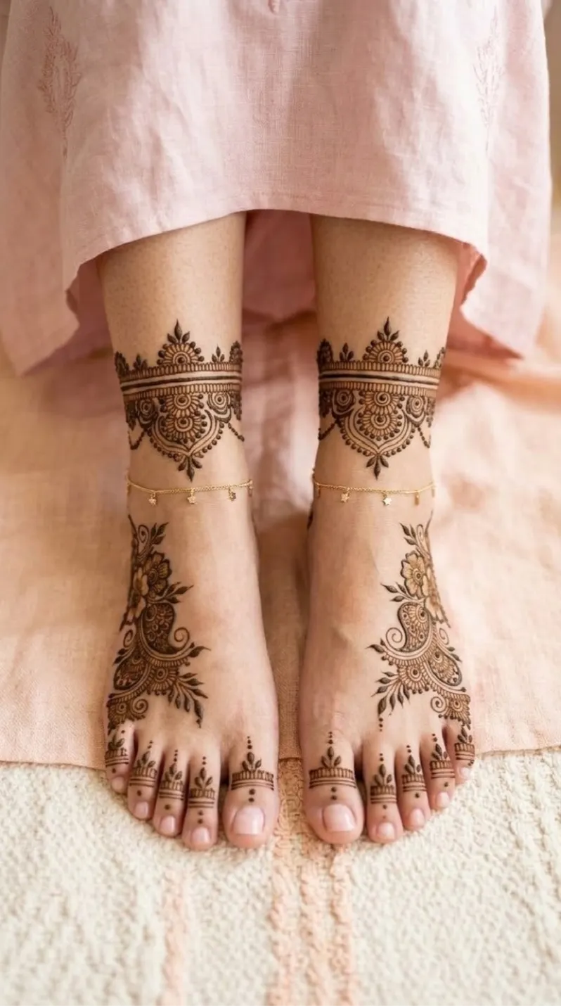 Traditional foot mehndi design with a detailed ankle band, large floral motifs on the top of the foot, and solid toe caps. v1