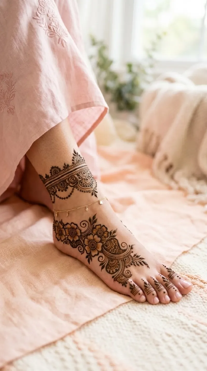 Traditional foot mehndi design with a detailed ankle band, large floral motifs on the top of the foot, and solid toe caps. v2
