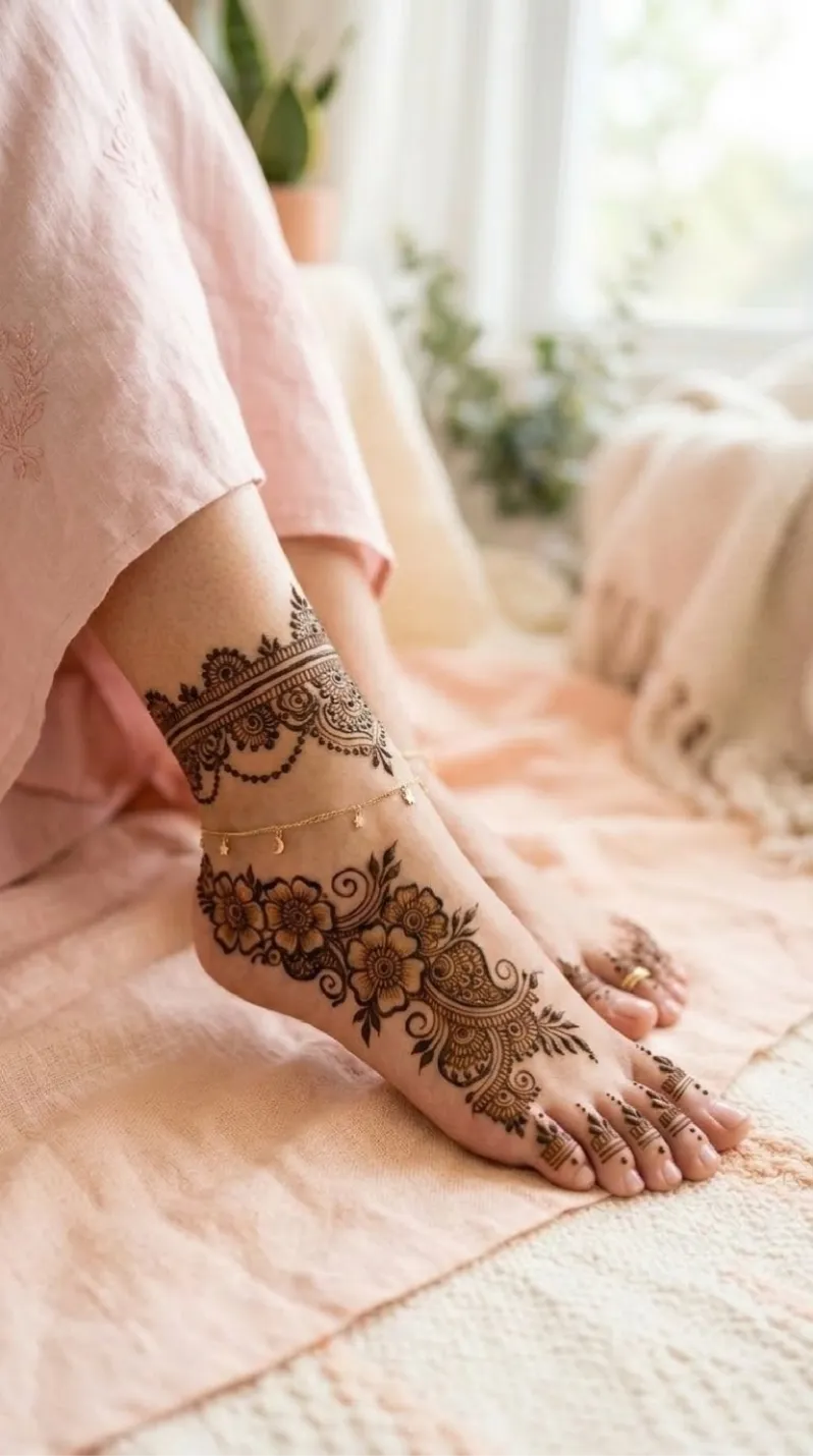Traditional foot mehndi design with a detailed ankle band, large floral motifs on the top of the foot, and solid toe caps.