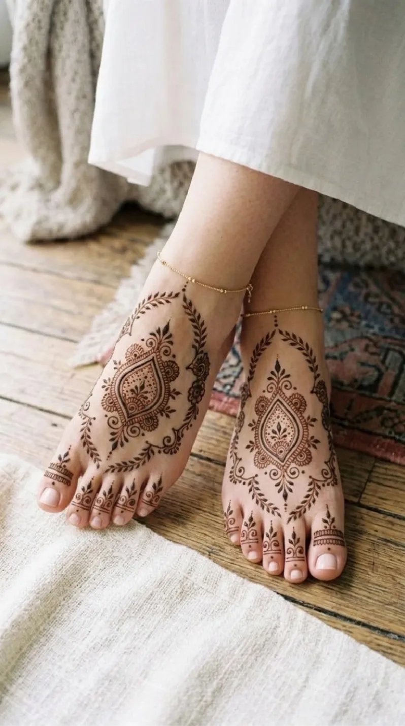 Symmetrical paisley foot mehndi design on both feet with delicate leafy vines, floral fill, and simple toe patterns.
