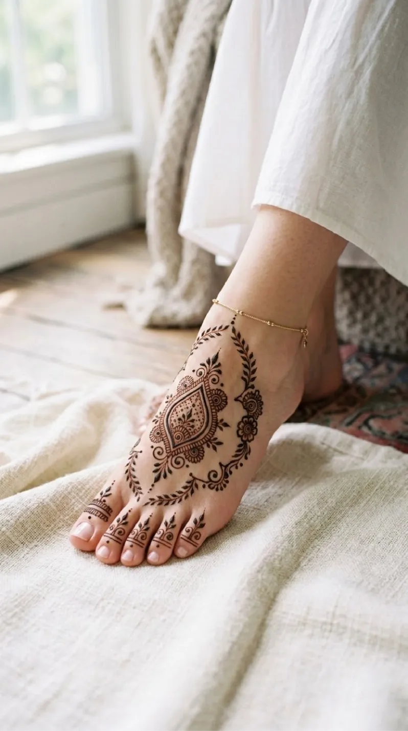 Symmetrical paisley foot mehndi design on both feet with delicate leafy vines, floral fill, and simple toe patterns. v1