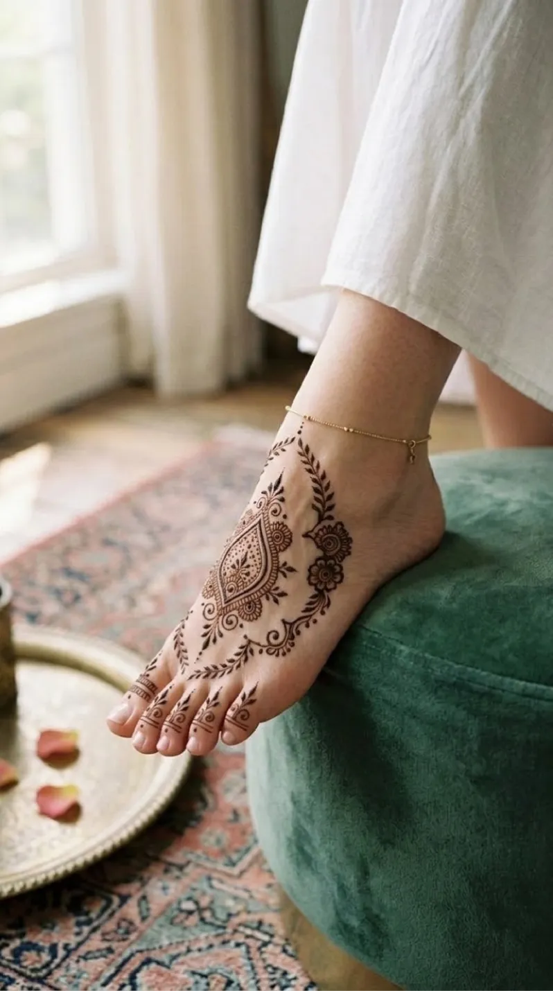 Symmetrical paisley foot mehndi design on both feet with delicate leafy vines, floral fill, and simple toe patterns. v2