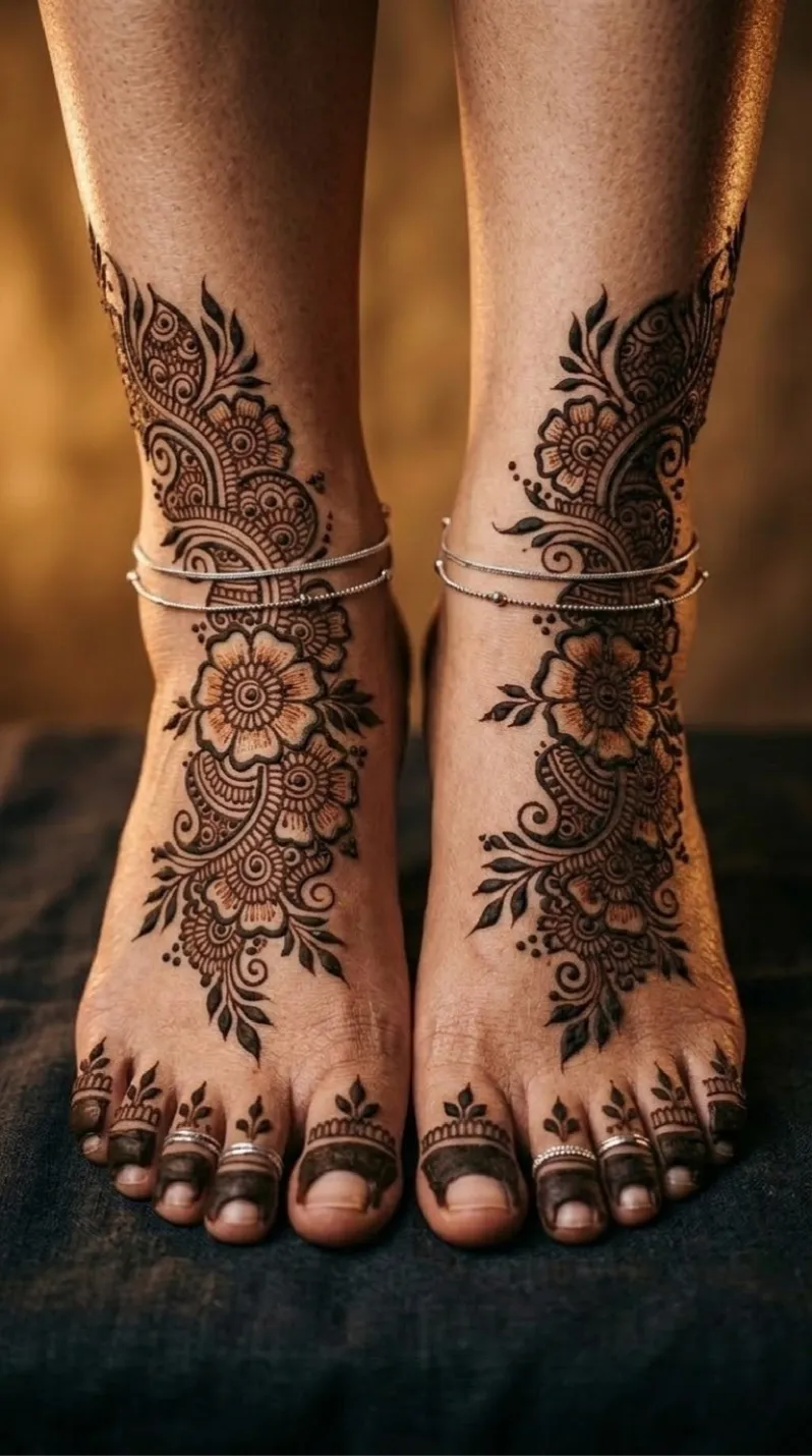 Intricate floral foot mehndi design covering the top of the foot and ankle with a central flower and solid toe caps