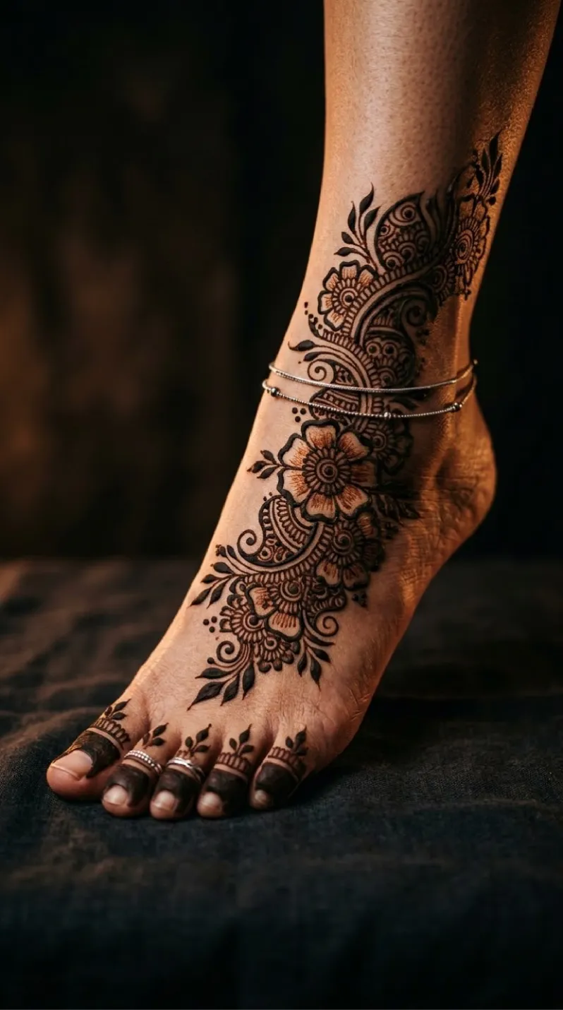 Intricate floral foot mehndi design covering the top of the foot and ankle with a central flower and solid toe caps v2