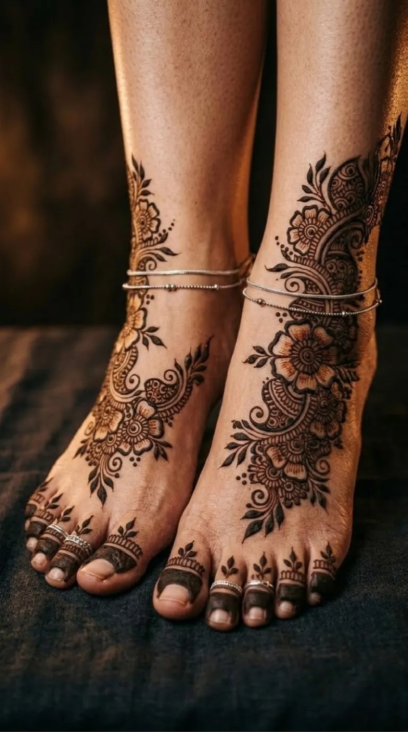 Intricate floral foot mehndi design covering the top of the foot and ankle with a central flower and solid toe caps v1