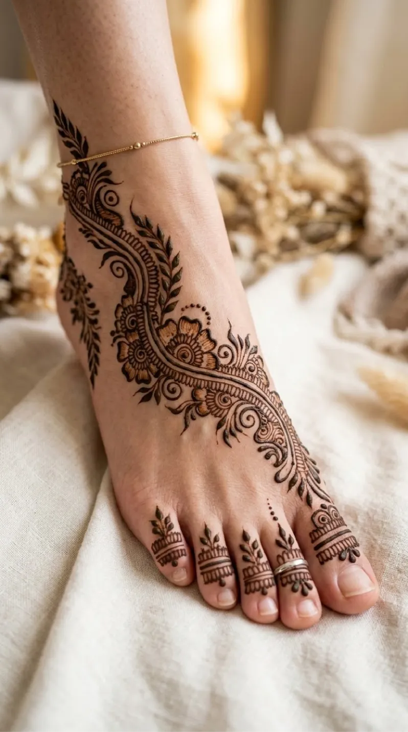 Sweeping floral vine foot mehndi design on both feet with scalloped borders, floral motifs, and detailed toe caps v1