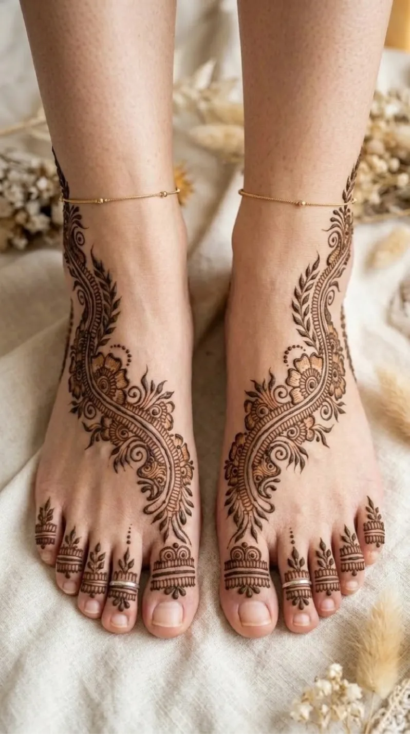 Sweeping floral vine foot mehndi design on both feet with scalloped borders, floral motifs, and detailed toe caps