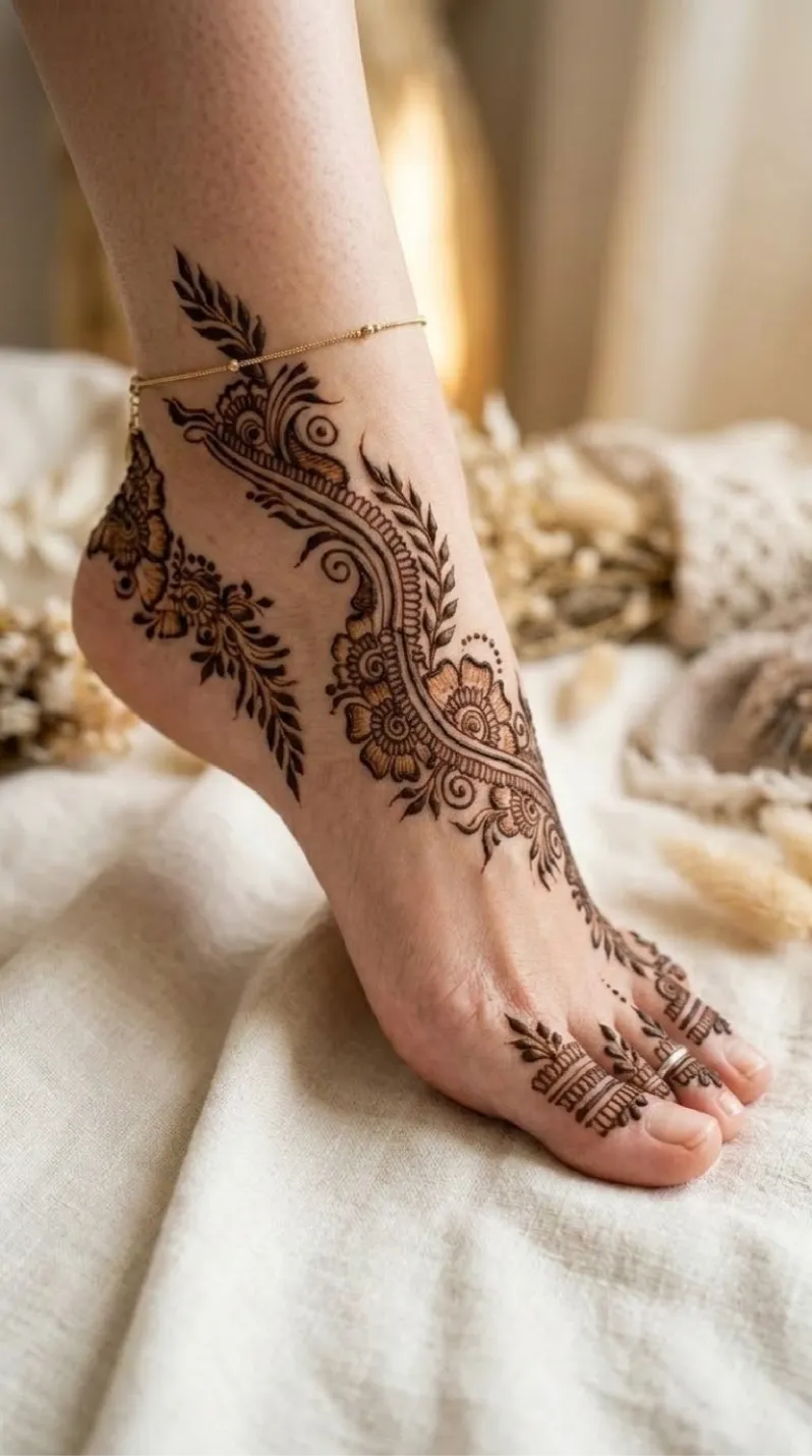 Sweeping floral vine foot mehndi design on both feet with scalloped borders, floral motifs, and detailed toe caps v2